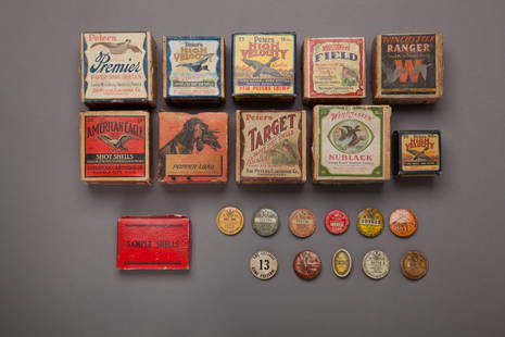 Salesman's Shell Sample, Boxes and Licenses: Salesman's Shell Sample, Boxes and Licenses A sample shells box from the Federal Cartridge Corp. displaying sample cut out shells. Seven New York State Hunting and Trapping License buttons from 1918,