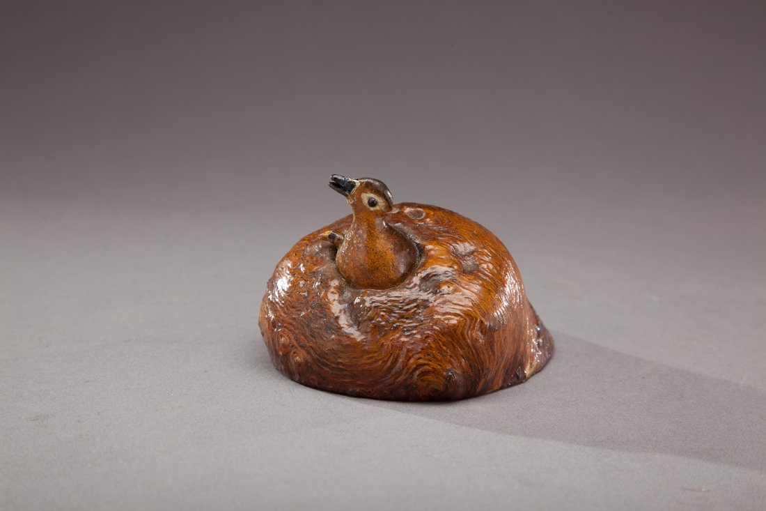 Miniature Wood Duck and Duckling: Miniature Wood Duck and Duckling Charles Perdew (1882-1964) Henry, IL, c. 1930 A hen wood duck poking her head out of her nest with her baby duckling doing the same. Provenance: From the Charles Perde