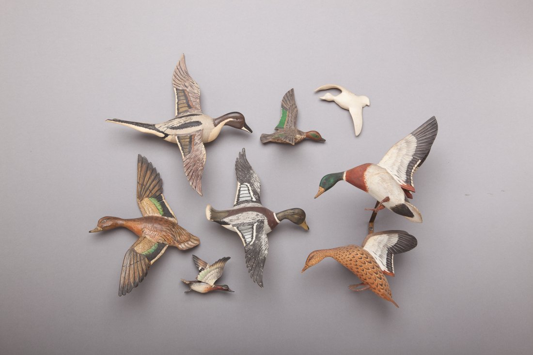 Eight Miniature Fliers: Eight Miniature Fliers Two wall mounted full-bodied miniature flying ducks by Riley of Watertown, NY. The mallard has the maker's stamp under the wing and an original $3.50 price. A pair of full-bodie