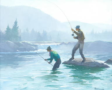 Ogden M. Pleissner (1905-1983), Salmon Fishing: Ogden M. Pleissner (1905-1983) Salmon Fishing signed "Pleissner" lower right oil on canvas, 18 by 22 in. Ogden Minton Pleissner was born in Brooklyn, New York, and studied figure painting and portrait