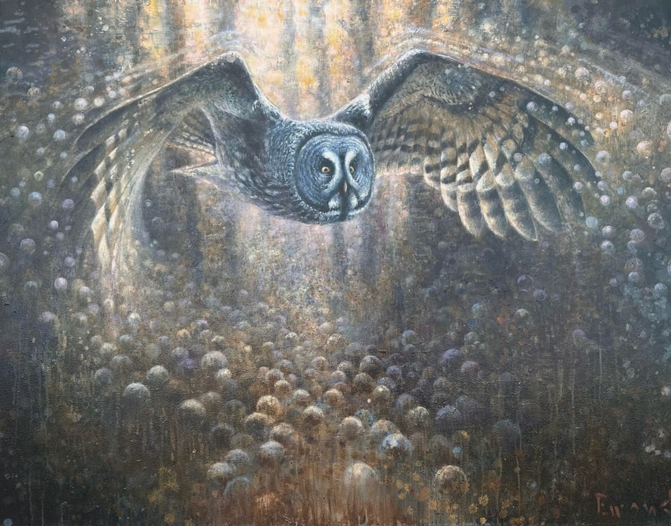 Ewoud de Groot (b. 1969), Forest Wanderer: Ewoud de Groot (b. 1969) Forest Wanderer, 2023 signed "Ewoud" lower right oil on canvas, 39 by 51 in. This work depicts a great grey owl, an elusive bird despite being the world's largest owl species.