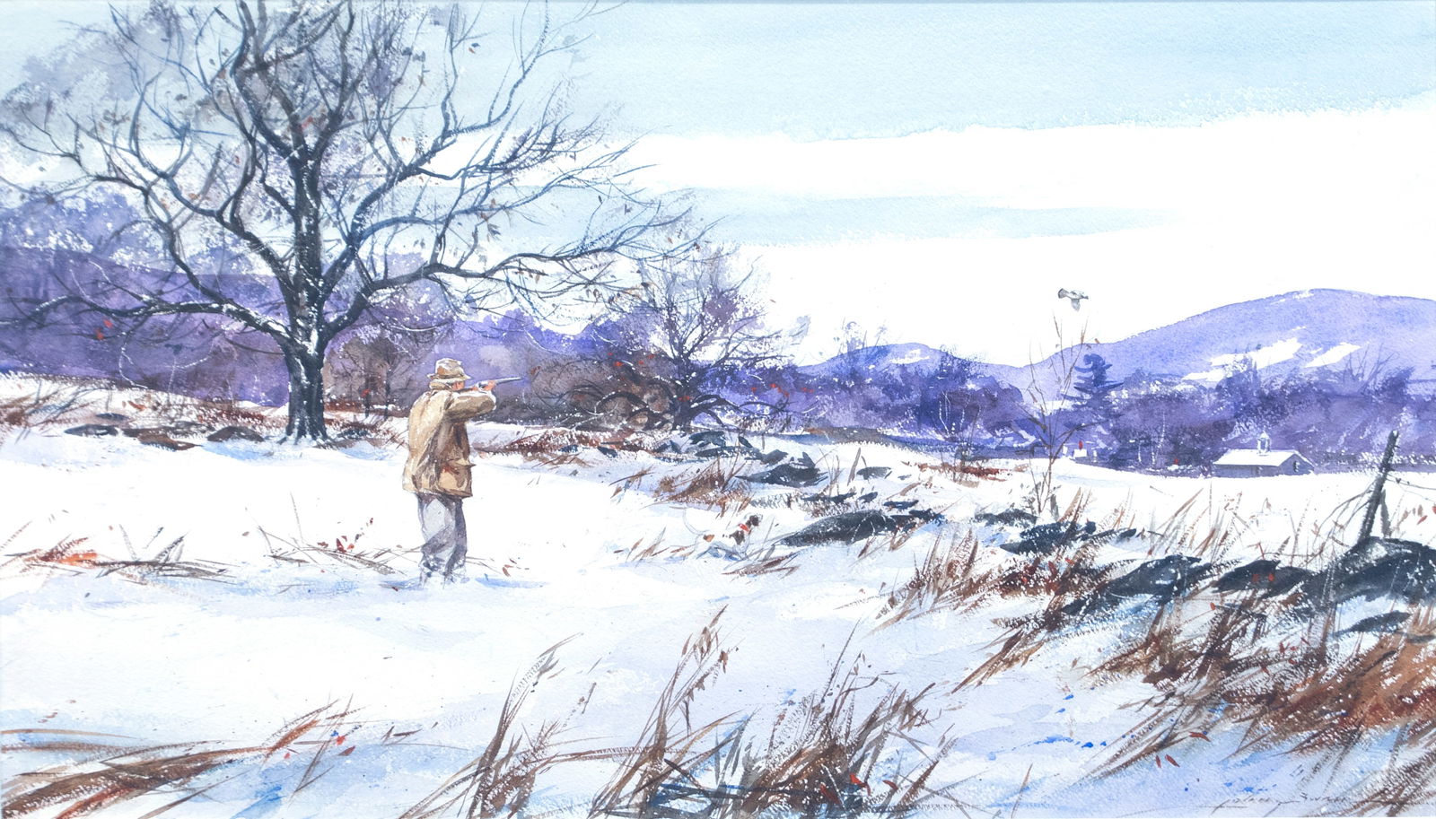 John Swan (b. 1948), Winter Grouse Hunting: John Swan (b. 1948) Winter Grouse Hunting signed "John Swan" lower right watercolor, 17 by 29 in.
