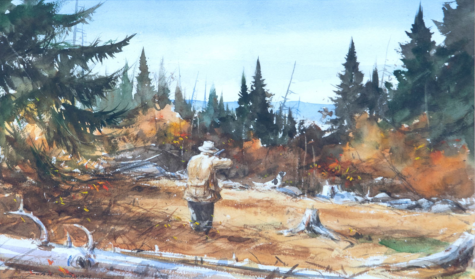 John Swan (b. 1948), Grouse Hunting: John Swan (b. 1948) Grouse Hunting signed "John Swan" lower left watercolor, 11 3/4 by 19 in. signed and titled on back