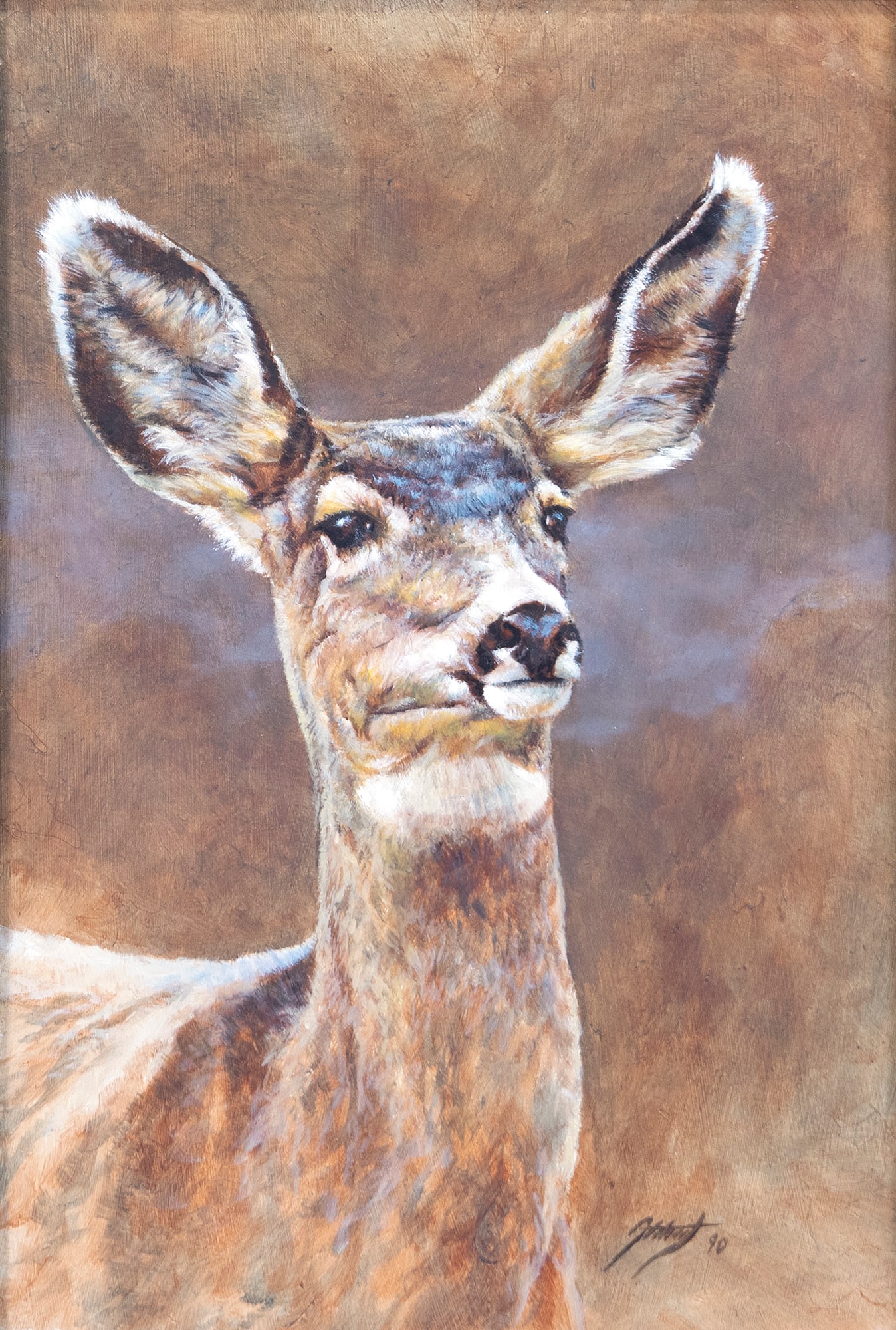 Edward (Ned) Aldrich (b. 1965), Alert Deer: Edward (Ned) Aldrich (b. 1965) Alert Deer, 1990 signed and dated "Aldrich 90" lower right oil on board, 12 by 8 in.