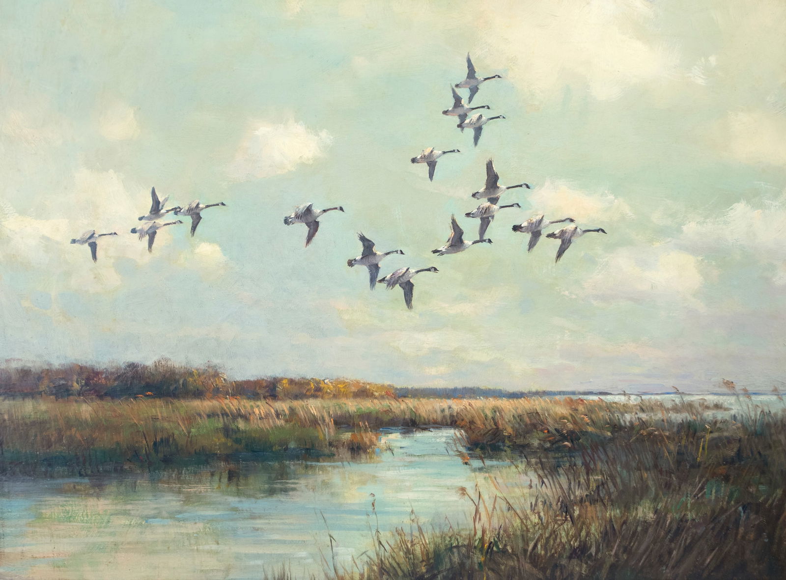 Frank Vining Smith (1879-1967), Flight of Canada Geese: Frank Vining Smith (1879-1967) Flight of Canada Geese unsigned oil on masonite, 24 by 32 in. titled on back Born and raised in South Abington, Massachusetts, Frank Vining Smith grew up sailing and lov