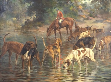 Percival Rosseau (1859-1937), A Moment's Rest - Foxhounds at the Ford