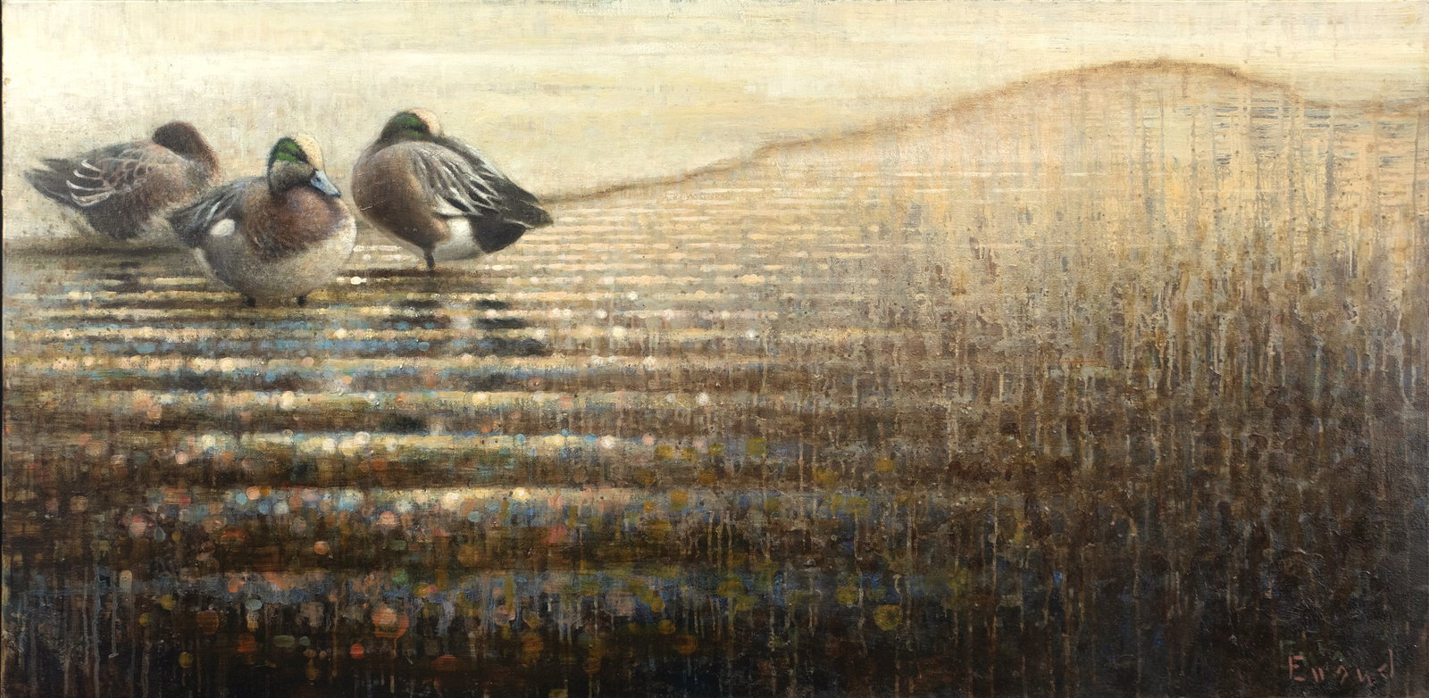 Ewoud de Groot (b. 1969), Resting Wigeon: Ewoud de Groot (b. 1969) Resting Wigeon signed "Ewoud" lower right oil on canvas, 27 1/2 by 55 in. "My technique is based on the principle of painting in layers, using cold blueish-greys and warm brow