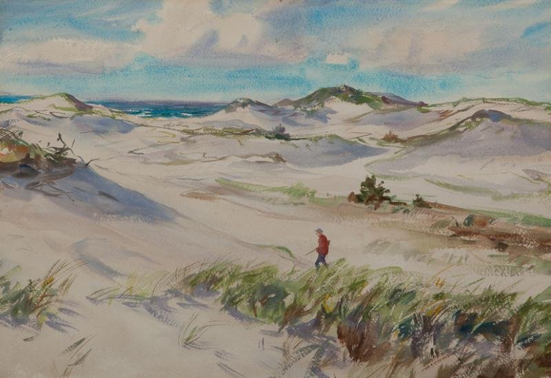 John Whorf (1903-1959): John Whorf (1903-1959) Hunter in the Dunes signed "John Whorf" lower right watercolor, 14 3/4 by 21 1/2 in.