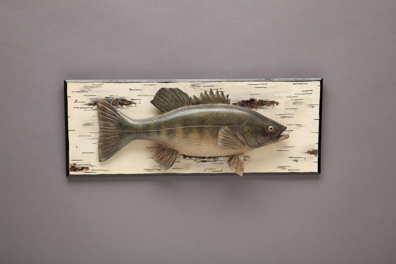Smallmouth Bass: Smallmouth Bass Lawrence Irvine (1918-1998) Winthrop, ME, 1952 Original paint. A fourteen-inch-long smallmouth bass carving on a faux birch bark painted beveled edge plaque. Signed and dated by the ma