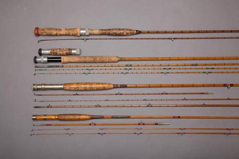 Two Bamboo Fly Rods: Two Bamboo Fly Rods H. L. Leonard Rod Company (a. 1869-1907) Bangor, ME As found. A three-piece rod, with each piece measuring forty-and-three-quarters inches, with an extra tip that is only twenty-fi