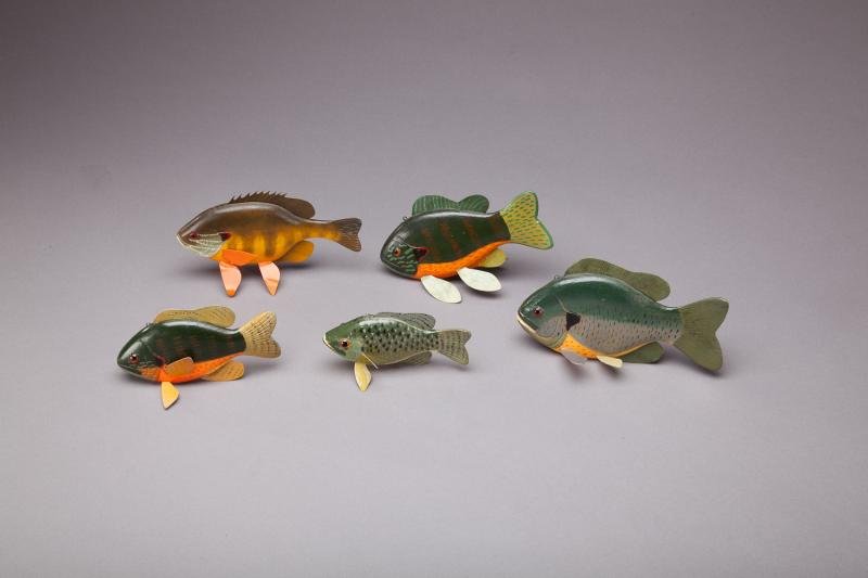 Five Sunfish Decoys: Five Sunfish Decoys All are in original paint with minimal wear. Four of the decoys are by Ernest A. Peterson (b. 1935) of McMillan, MI and one is by John Eddy (b. 1938) of Cheboygan, MI. The longest 