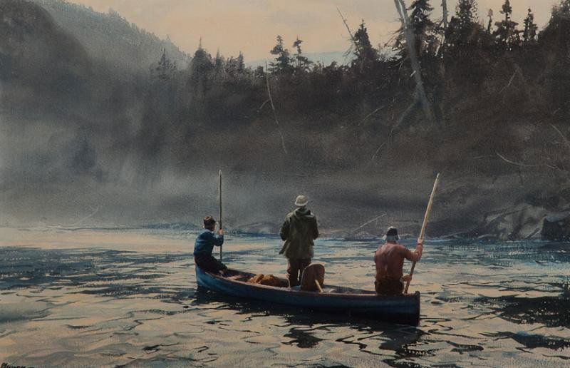 Ogden M. Pleissner (1905-1983): Ogden M. Pleissner (1905-1983) Blue Boat on the Saint Anne, 1959 signed "Ogden M Pleissner N. A." lower right color print, 14 3/4 by 22 3/4 in. J. Assenheim & Sons, New York, New York label on back pu