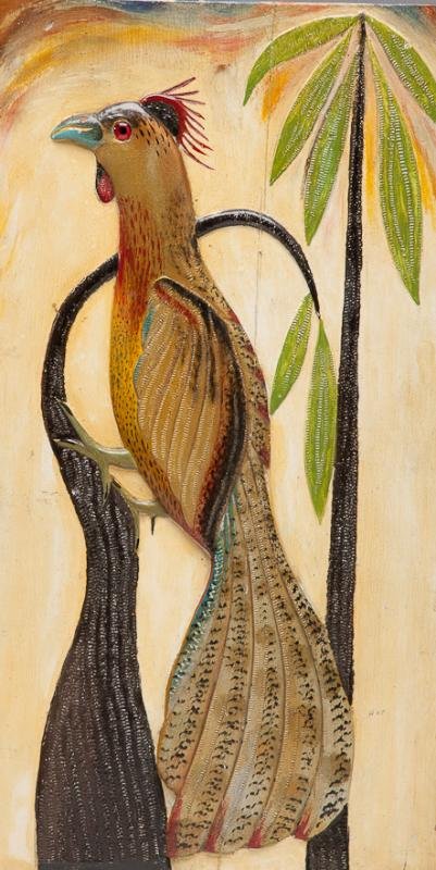 Golden Pheasant Plaque: Golden Pheasant Plaque Oscar W. Peterson (1887-1951) Cadillac, MI, c. 1940 A seventeen-and-one-half-inch-high by nine-and-three-eighth-inch-wide by half-inch-thick relief carved plaque with a bird mot
