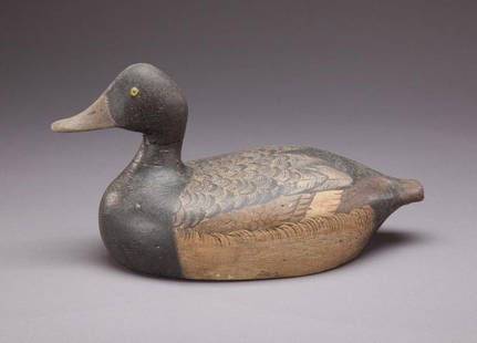 Bluebill: Bluebill Lake Superior, c. 1920 A glass-eyed decoy with carved bill detail, intricate painted feathering, and a conjoined "HB" brand on the bottom. In old paint with craquelure and a coat of old seale