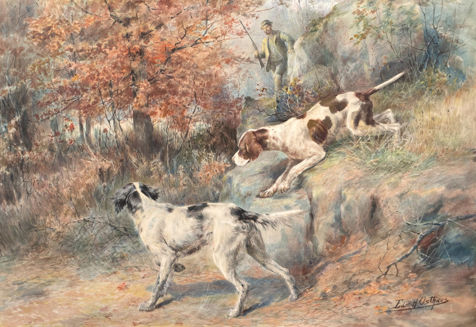 Edmund Henry Osthaus (1858-1928), Grouse Shooting in New England: Edmund Henry Osthaus (1858-1928) Grouse Shooting in New England signed "Edm. H. Osthaus" lower right watercolor, 17 3/4 by 25 1/4 in. titled on back Edmund Henry Osthaus was born in Hildesheim, German