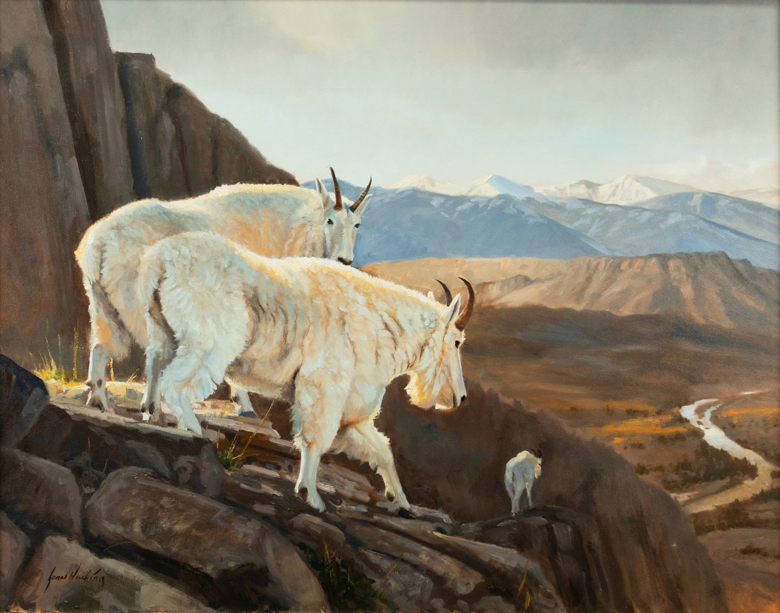 Grant Hacking (b. 1964), On the Verge - Mountain Goats: Grant Hacking (b. 1964) On the Verge - Mountain Goats, 2010 signed "Grant Hacking" lower left oil on canvas, 24 by 30 in. signed, dated, titled, and inscribed "Thanks to Greg Beecham" on back Provenan