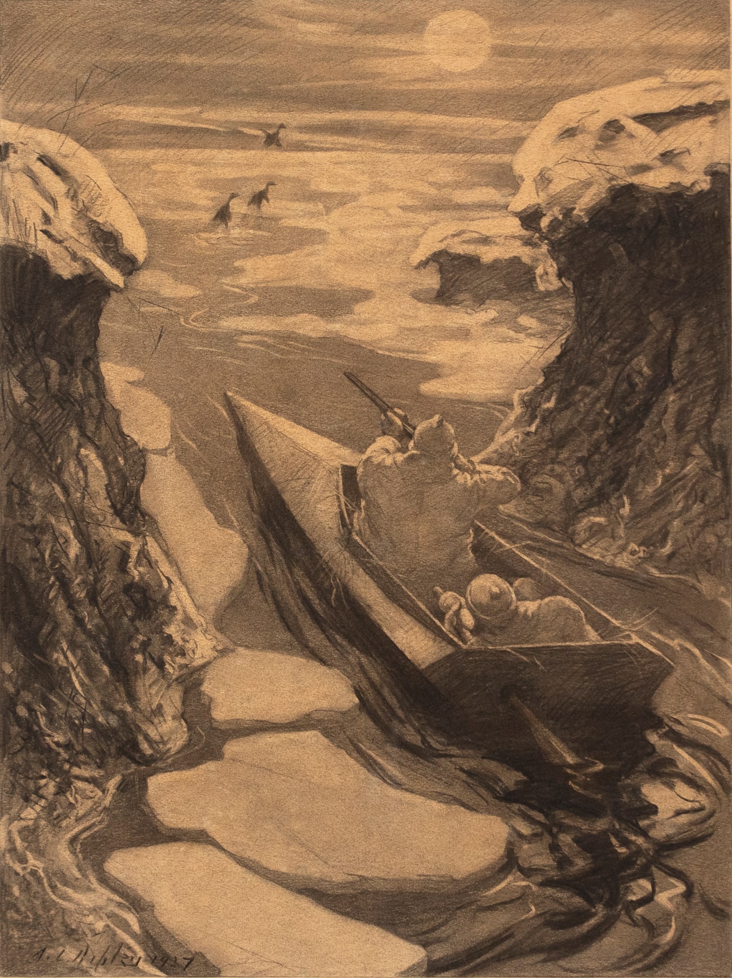 Aiden Lassell Ripley (1896-1969), Night Shooting: Aiden Lassell Ripley (1896-1969) Night Shooting, 1927 signed and dated "A.L. Ripley 1927" lower left charcoal, 21 3/4 by 15 3/4 in. "At last our straining ears caught the regular swish-swish-swish of