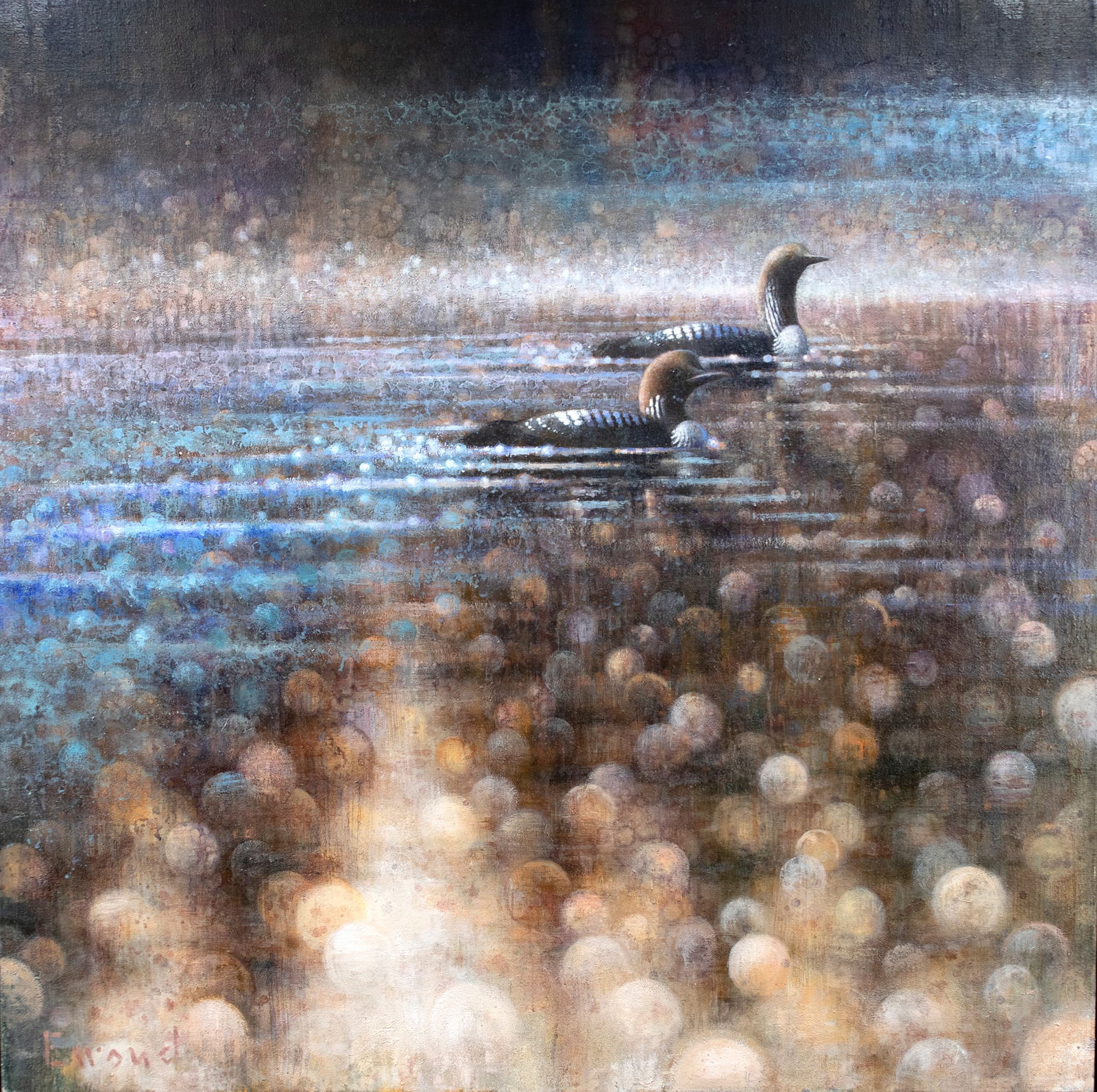 Ewoud de Groot (b. 1969), Loons: Ewoud de Groot (b. 1969) Loons, 2025 signed "Ewoud" lower left oil on linen, 43 1/2 by 43 1/2 in. A fine example of De Groot's work, this painting shows a pair of loons cruising through the shimmering