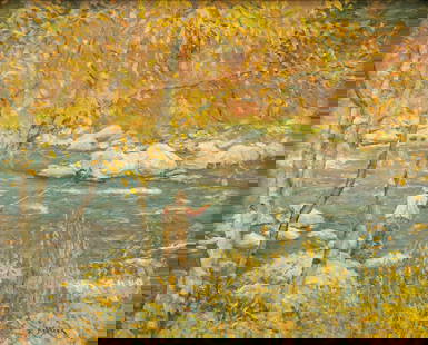 Lee Stroncek (b. 1952), Autumn in Gallatin Canyon: Lee Stroncek (b. 1952) Autumn in Gallatin Canyon, 1996 signed "L. Stroncek" lower right oil on board, 10 by 12 in. signed, dated, and titled on back Stroncek was born in Minnesota and currently reside