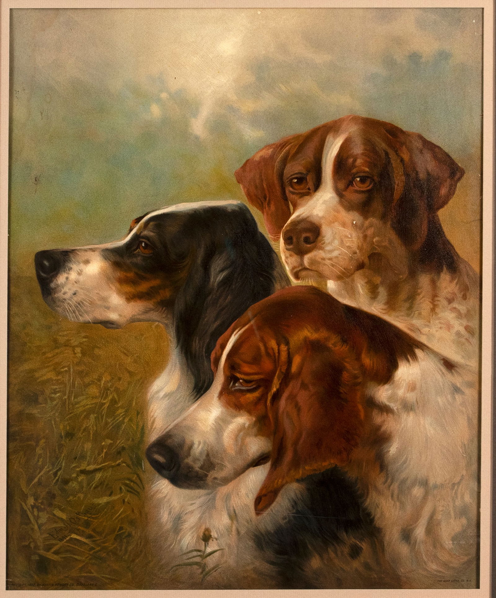 Edmund Henry Osthaus (1858-1928), Setter Trio: Edmund Henry Osthaus (1858-1928) Setter Trio, c. 1892 signed "Edm. H. Osthaus 1891" in plate lower left color print, 21 1/4 by 16 1/2 in. An advertising poster of three sporting dogs by Osthaus showin