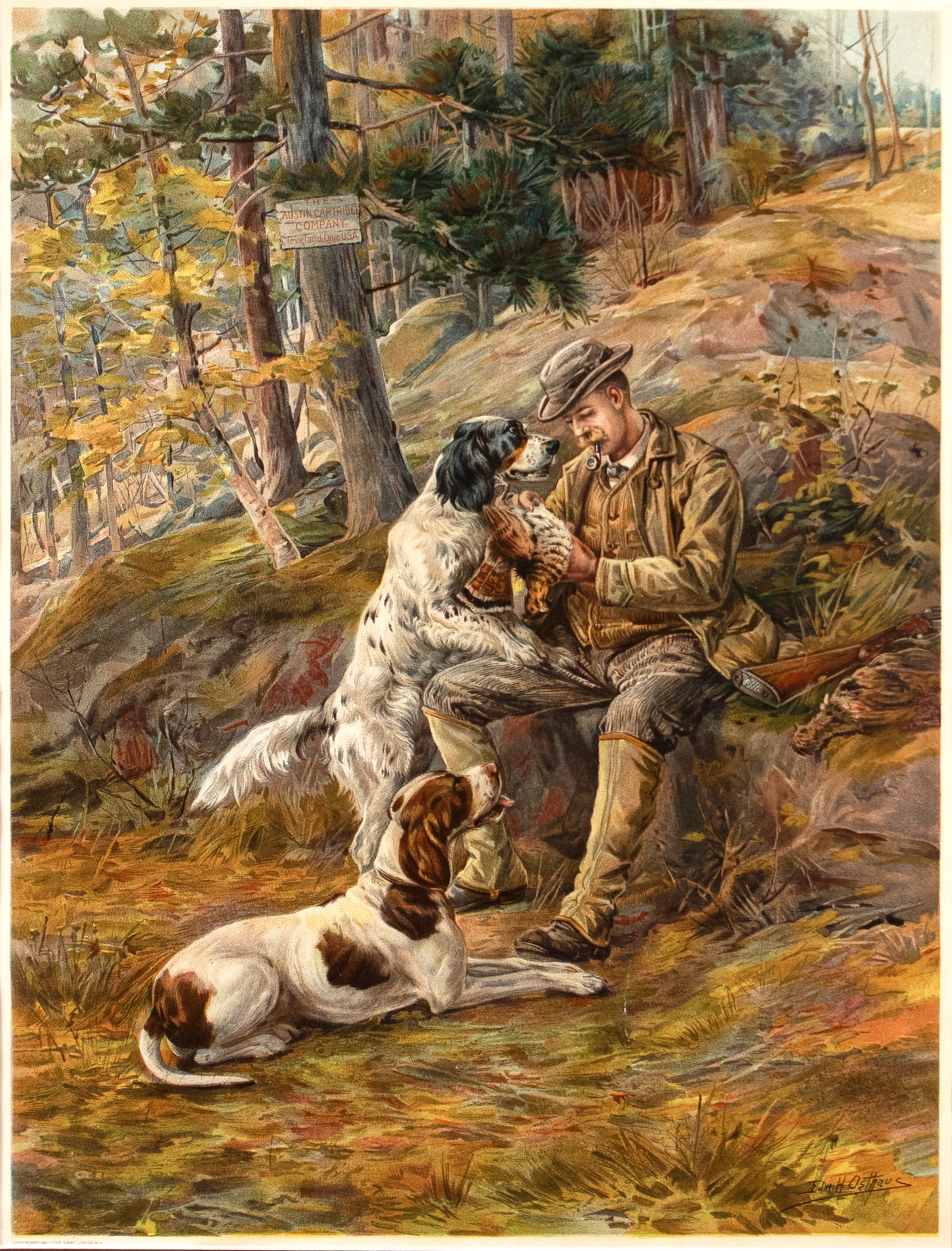 Edmund Henry Osthaus (1858-1928), Austin Cartridge Co. Advertisement: Edmund Henry Osthaus (1858-1928) Austin Cartridge Co. Advertisement, c. 1901 signed "Edm. H. Osthaus" in plate lower right lithograph, 22 1/2 by 16 1/2 in. This Austin Powder Company ad depicts two hu