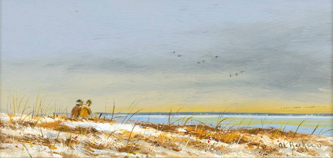 Al Barker (b. 1941), Two Paintings: Al Barker (b. 1941) Two Paintings, 2025 each signed "Al Barker (c)" lower right oil on board, each 4 by 8 in. "Start of a Bluebird Day" and "Pit Blind Set" With birds in the air, the quiet anticipatio