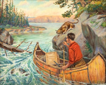 Arthur A. Staigh (1891-1954), Hunter in Canoe with Mountain Lion
