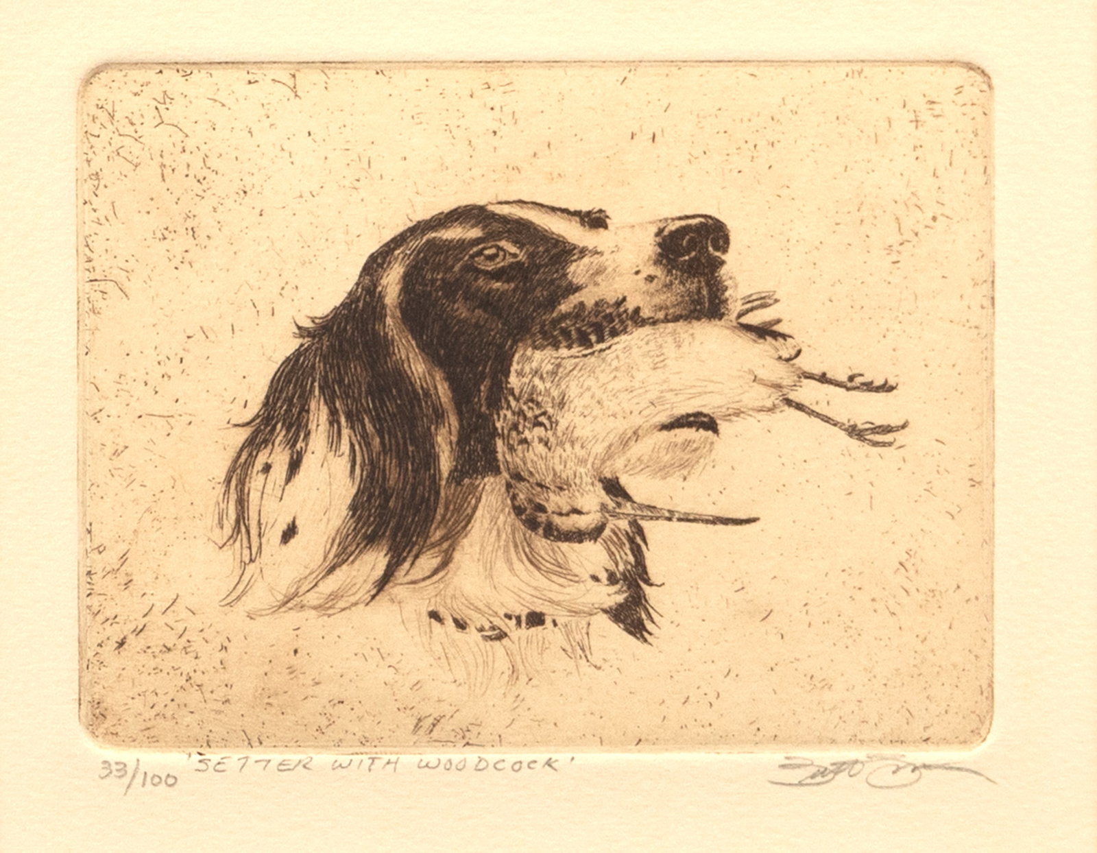 Brett James Smith (b. 1958), Two Etchings: Brett James Smith (b. 1958) Two Etchings each signed "Brett Smith" lower right "Setter with Woodcock" etching, 4 by 5 in. framed, 11 by 12 in. edition 33 of 100 numbered and titled lower left "Woodcoc