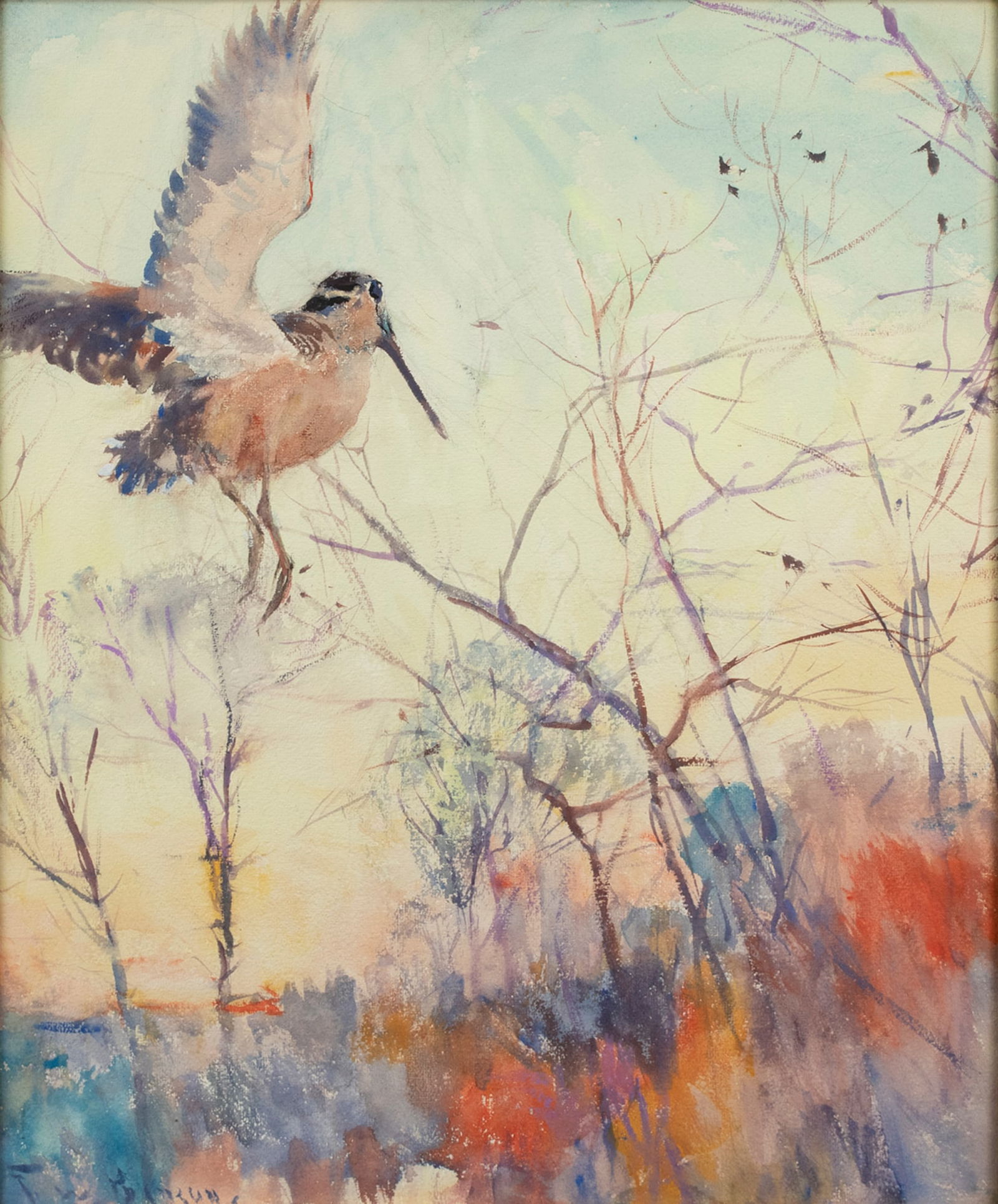 Frank W. Benson (1862-1951), Flying Woodcock: Frank W. Benson (1862-1951) Flying Woodcock signed "F.W. Benson" lower left watercolor, 19 by 24 in. Frank Weston Benson, one of the Ten American Painters and a leading influence in the Boston