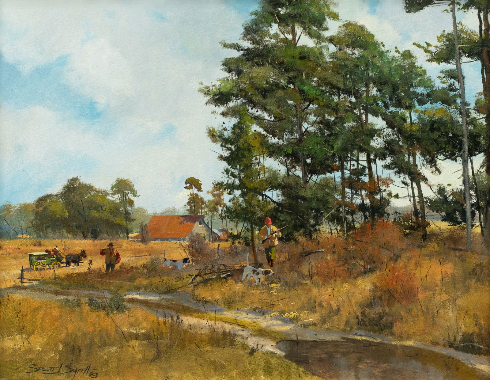 Brett James Smith (b. 1958), Holding Tight: Brett James Smith (b. 1958) Holding Tight signed "Brett J Smith (c)" lower left oil on canvas, 16 by 20 in. signed and titled on back Two quail hunters walk up on two pointers holding steady. 