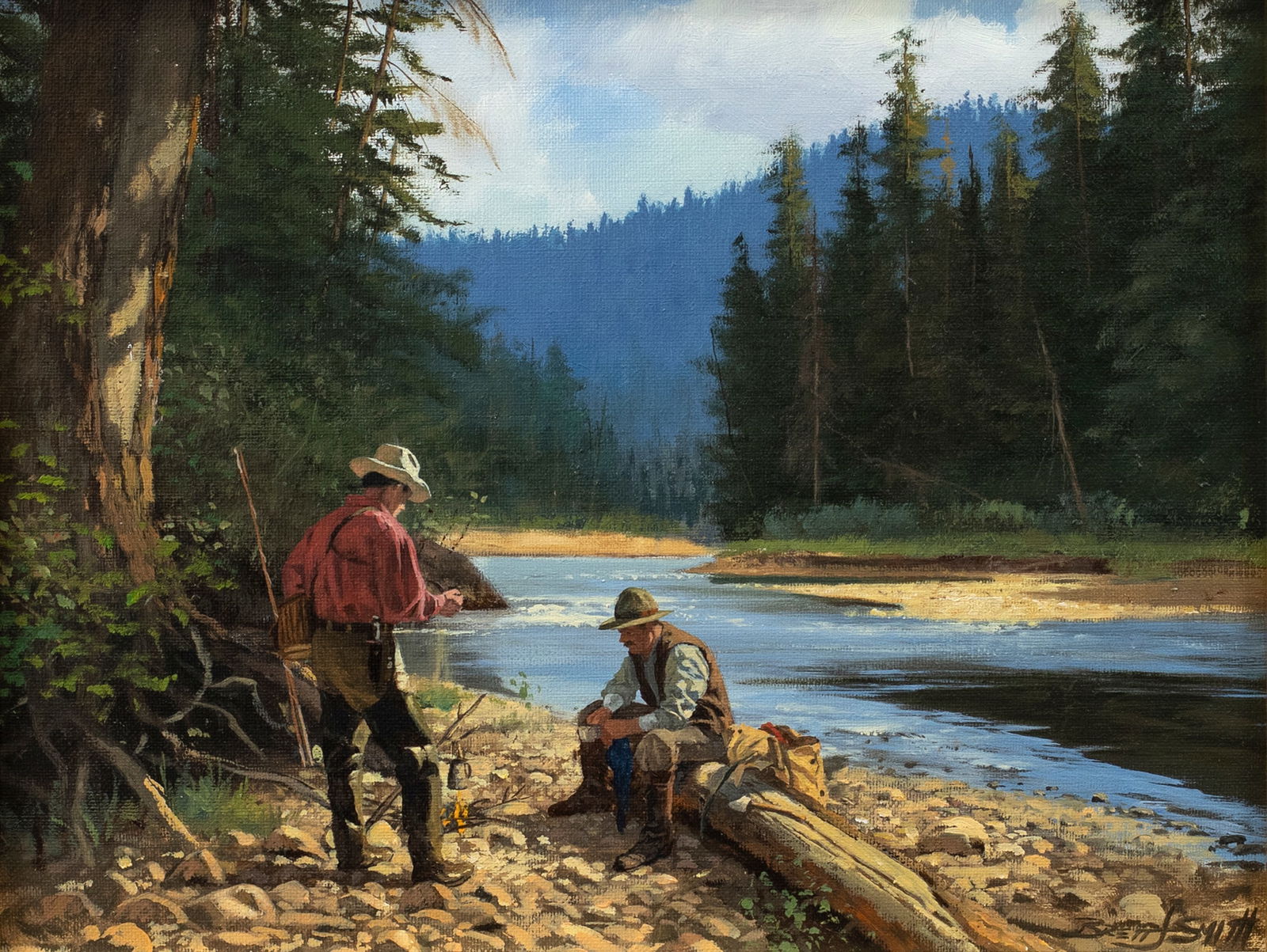 Brett James Smith (b. 1958), Stopping For Lunch: Brett James Smith (b. 1958) Stopping For Lunch signed "Brett J Smith" lower right oil on canvas, 11 by 14 in. signed and titled on back In this oil, Smith captures the moment two Western fly
