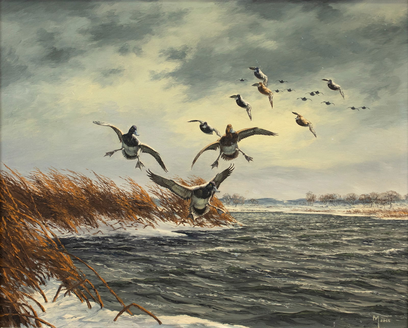 David A. Maass (b. 1929), Bluebills: David A. Maass (b. 1929) Bluebills, 1964 signed "Maass" lower left oil on board, 20 by 24 in. A quintessential Maass scene with bluebills locking their wings to drop into turbulent water on a snowy,