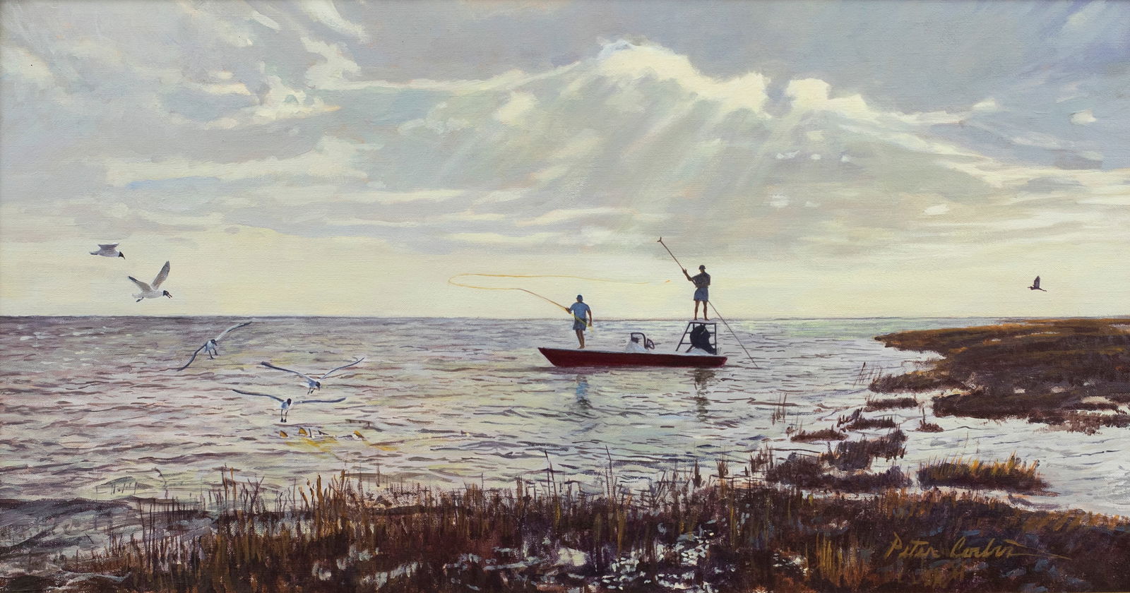 Peter Corbin (b. 1945), Redfish Along the Bank: Peter Corbin (b. 1945) Redfish Along the Bank signed "Peter Corbin" lower right acrylic on canvas, 16 by 30 in. titled on artist's label on backPeter Corbin has established himself as one of the most