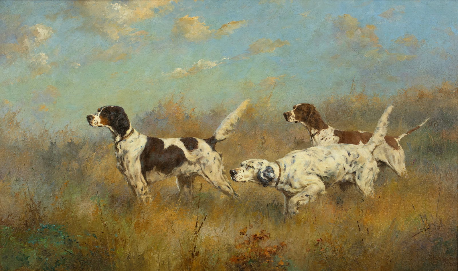 Percival Rosseau (1859-1937), Bill's Covey: Percival Rosseau (1859-1937) Bill's Covey, 1933 signed and dated "Rosseau 1933" lower right oil on canvas, 24 1/2 by 40 1/2 in. The three dogs in this masterful painting are Transue Bill, Captain Fram