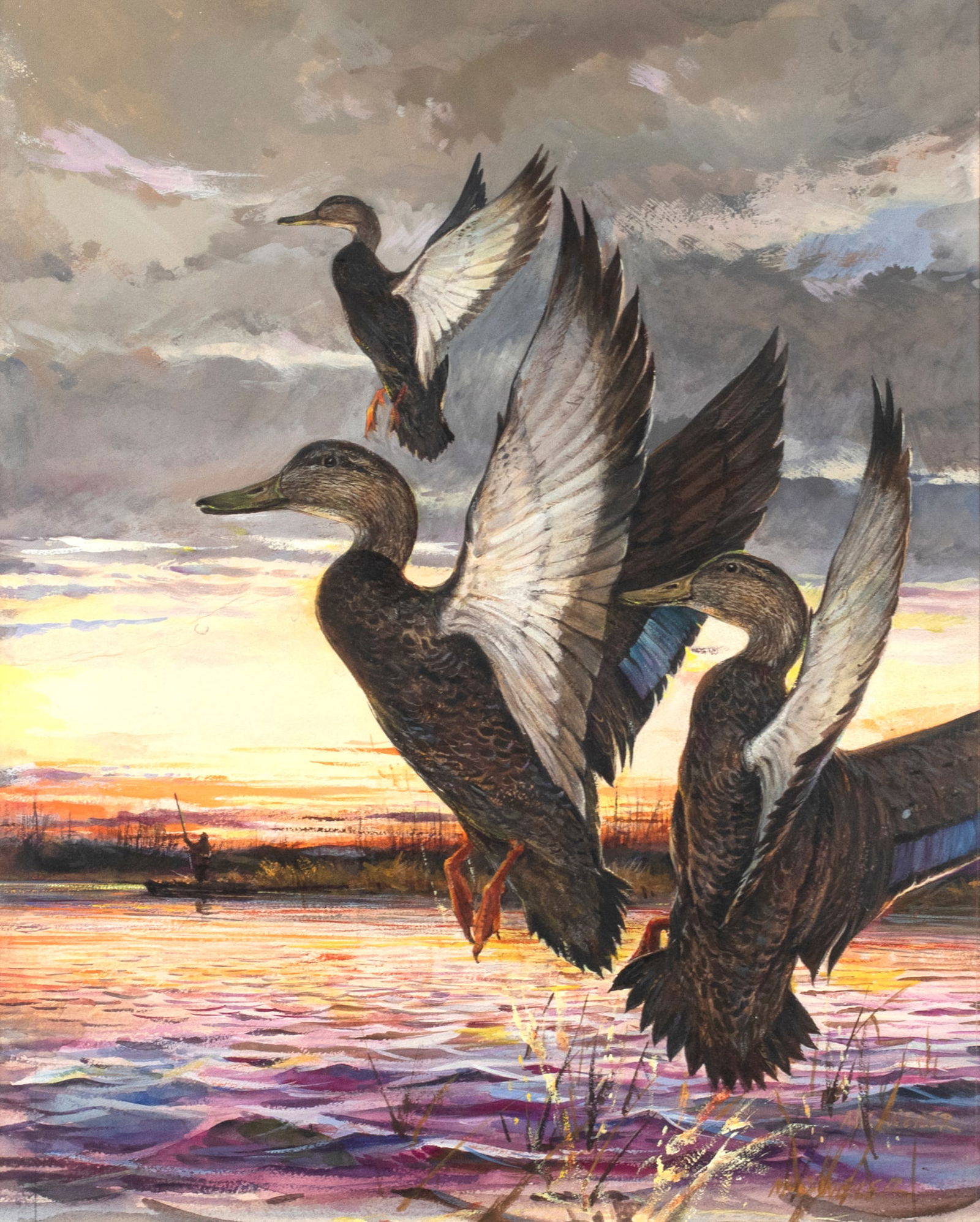 Milton C. Weiler (1910-1974), Black Ducks Alighting: Milton C. Weiler (1910-1974) Black Ducks Alighting twice signed "M C Weiler" lower right watercolor, 15 1/2 by 12 in. As a conservationist and an outdoorsman, Milton C. Weiler lived the life he