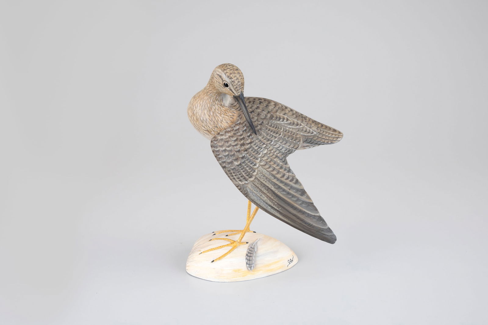 Preening Yellowlegs by Steve Weaver (b. 1950): Preening Yellowlegs Steve Weaver (b. 1950) Sandwich, MA, 2008 9 1/2 in. tall Drawn from the work of Elmer Crowell, this carving shows Weaver at the height of his craft. Signed by the artist in three