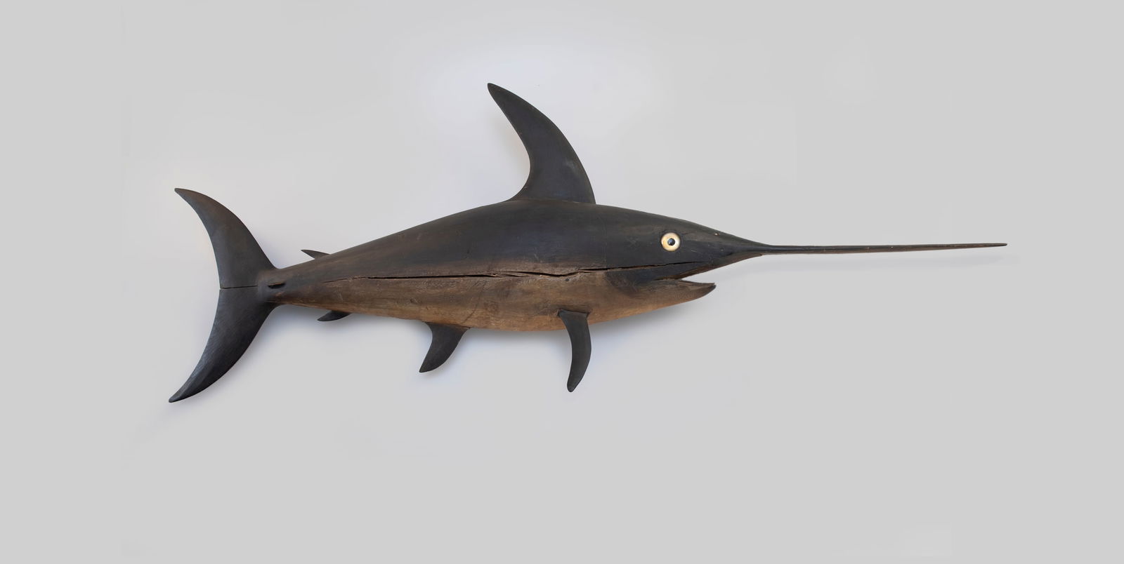 Life-Size Swordfish by Ira D. Hudson (1873-1949): Life-Size Swordfish Ira D. Hudson (1873-1949) Chincoteague, VA, c. 1920 67 in. long "It is said, by those who knew Ira, that he only made about a dozen or so fish carvings to give to friends and sell