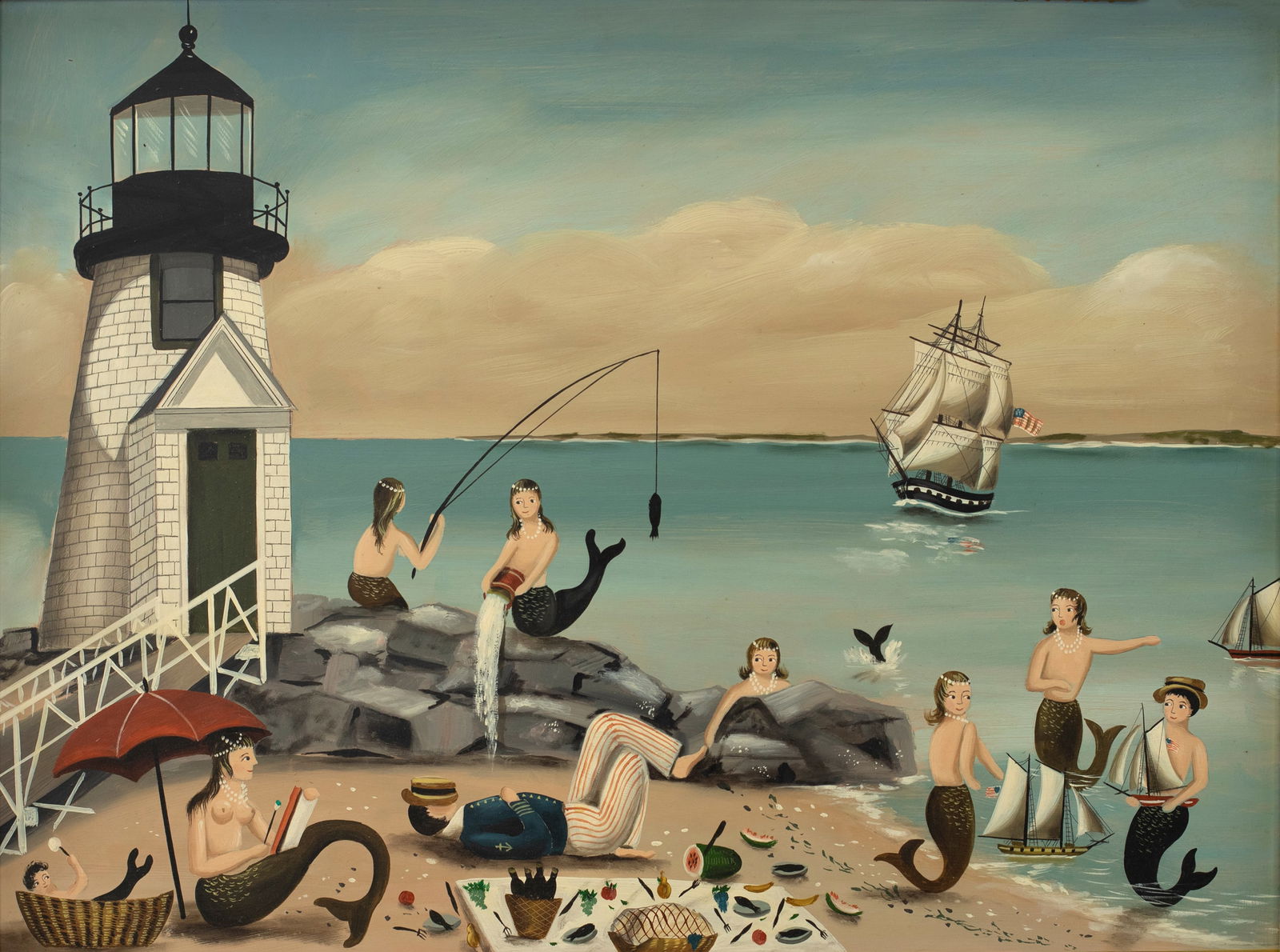 Ralph Cahoon (1910-1982), Brant Point Mermaids: Ralph Cahoon (1910-1982) Brant Point Mermaids signed "R. Cahoon" lower right oil on board, 22 by 28 in. As a direct descendant of the first Dutch settlers of Cape Cod, Ralph Cahoon grew up sailing,