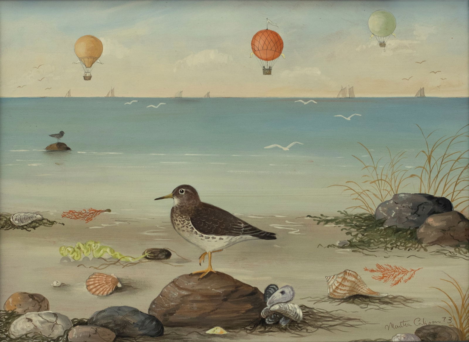 Martha Cahoon (1905-1999), Sandpiper and Balloons: Martha Cahoon (1905-1999) Sandpiper and Balloons, 1973 signed and dated "Martha Cahoon 73" lower right oil on board, 10 1/4 by 13 3/4 in. This coastal composition shows a perched sandpiper with a