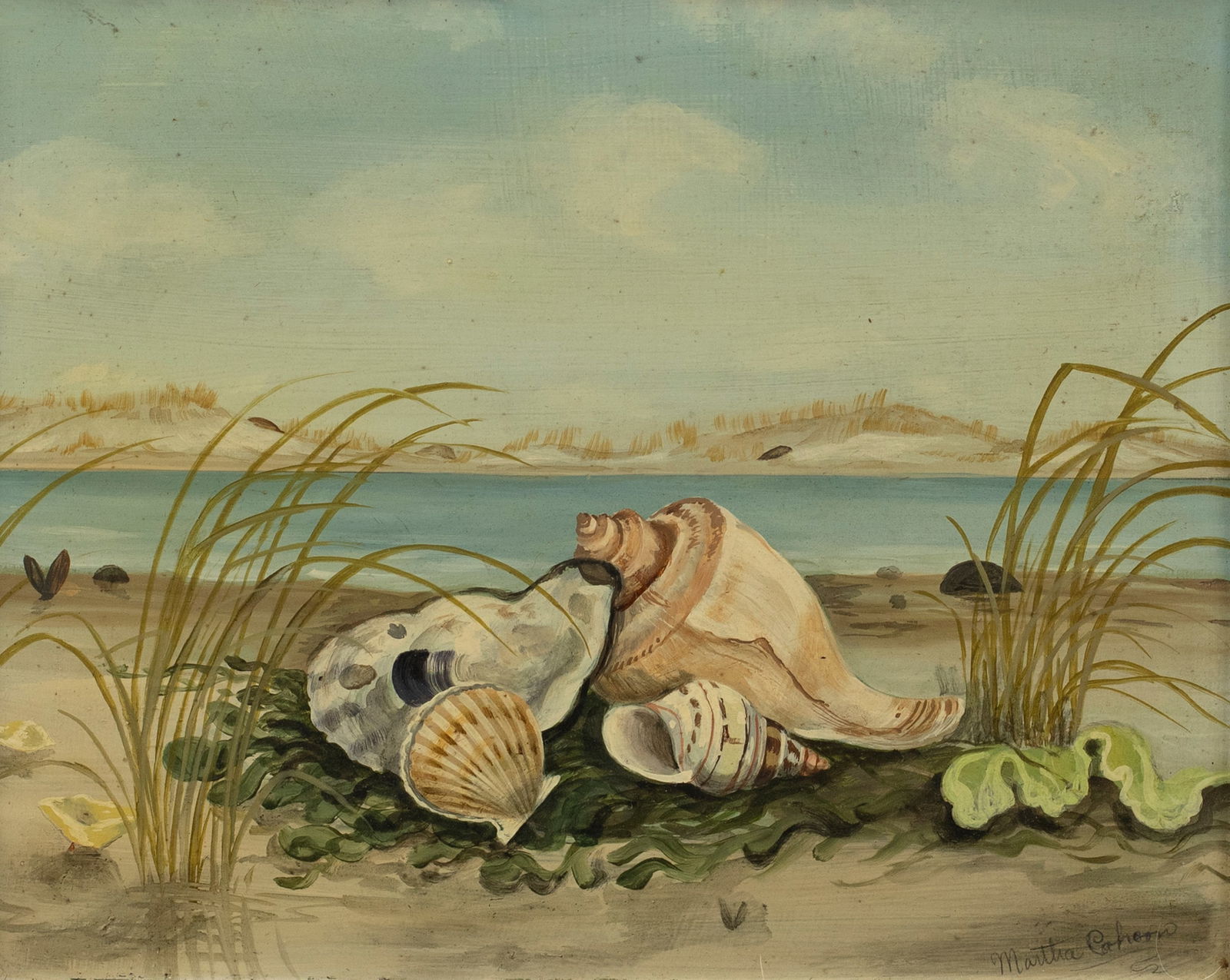 Martha Cahoon (1905-1999), Seashells: Martha Cahoon (1905-1999) Seashells signed "Martha Cahoon" lower right oil on board, 8 3/4 by 10 3/4 in. A still-life of seashells on a New England beach. framed, 14 1/2 by 16 1/2 in.