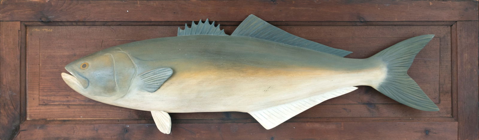 Trophy Bluefish Carving by Ellen McCaleb: Trophy Bluefish Carving Ellen McCaleb Barrington, NH plaque is 42 in. long, 12 in. wide The carved fish is thirty-two inches long and the upper right corner of plaque is signed "Ellen McCaleb." 