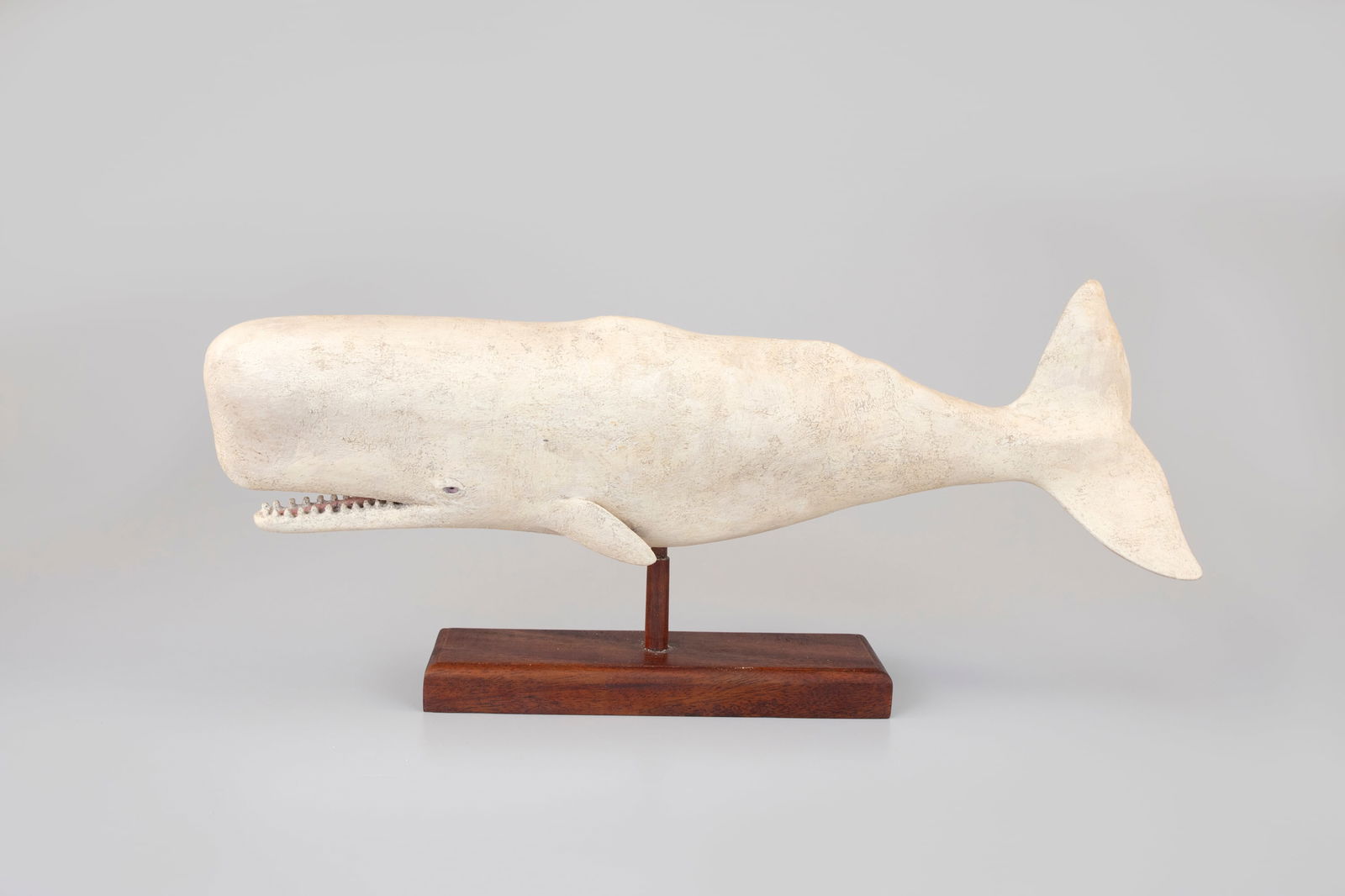 White Sperm Whale by Frank Finney (b. 1947): White Sperm Whale Frank Finney (b. 1947) Capeville, VA 19 1/2 in. long This carving is likely a nod to Moby Dick, a fictional white sperm whale and antagonist in Herman Melville's 1851 novel