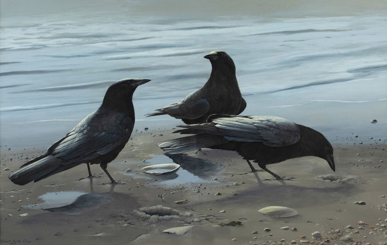 Robert Verity Clem (1933-2010), Crows at the Water's Edge: Robert Verity Clem (1933-2010) Crows at the Water's Edge, 1959 signed and dated "Robert Verity Clem 1959" lower left watercolor, 17 1/2 by 26 1/2 in. Robert Verity Clem was a New England artist