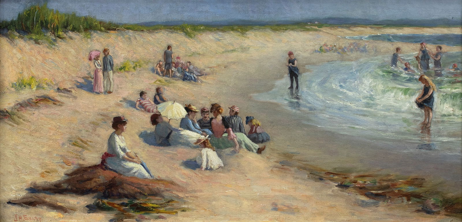 Joseph Henry Sharp (1859-1953), New England Beach Scene: Joseph Henry Sharp (1859-1953) New England Beach Scene signed "J. H. Sharp" lower left oil on canvas, 12 by 24 in. an old paper label appears to read "Bathing ______, Neck, Maine $50.00" Joseph