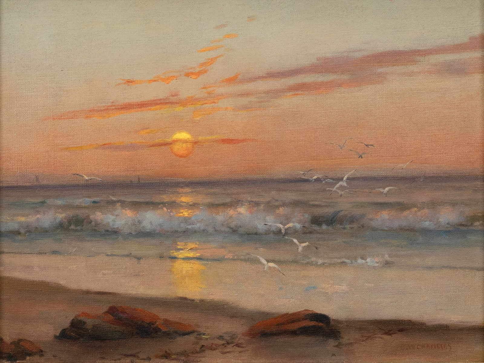 George W. Chambers (1857-1897), Coastal Sunrise: George W. Chambers (1857-1897) Coastal Sunrise signed "G. W. Chambers" lower right oil on canvas, 12 by 16 in. Though born in St. Louis, Chambers studied painting in Paris under Jean Leon Gerome and
