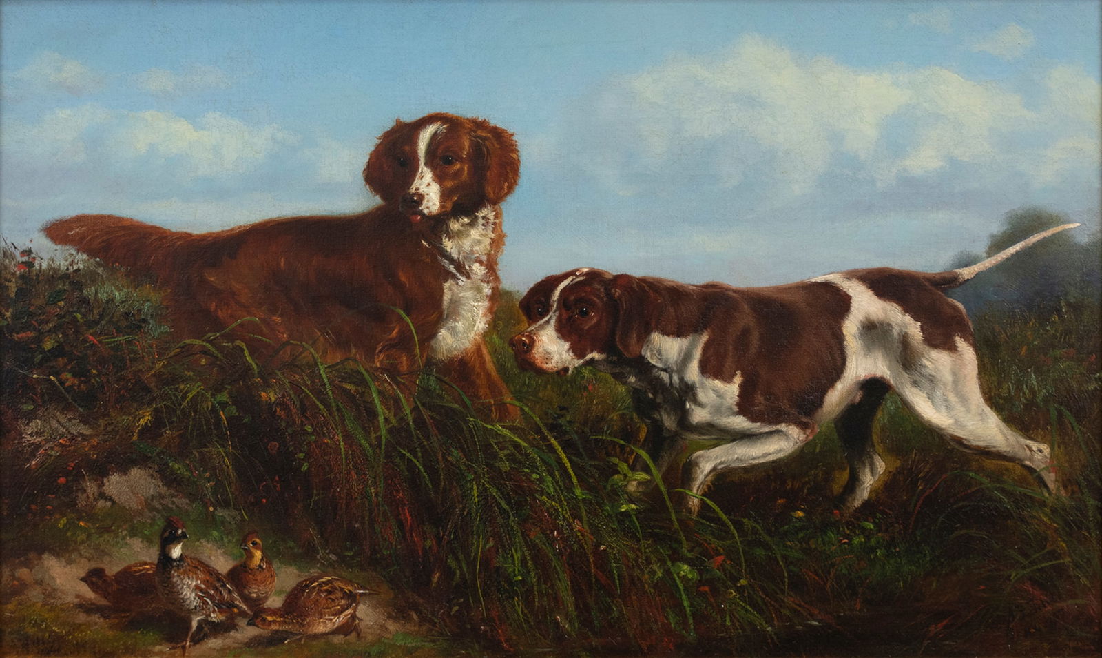 Arthur Fitzwilliam Tait (1819-1905), Pointer, Setter, and Quail: Arthur Fitzwilliam Tait (1819-1905) Pointer, Setter, and Quail, 1871 signed, dated, and inscribed "A.F. Tait, N.Y., 1871" lower right oil on canvas, 14 by 22 in. signed and inscribed "No. 22 / A.F. Ta