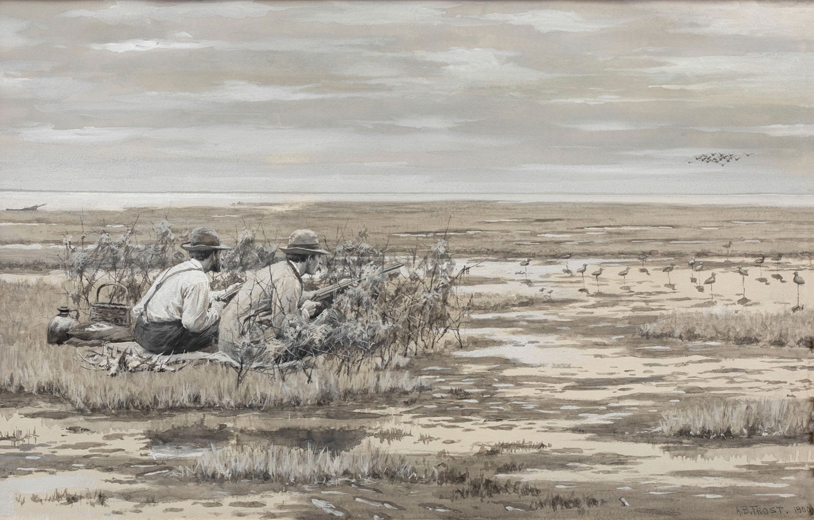 Arthur Burdett Frost (1851-1928), Bay Snipe Shooting: Arthur Burdett Frost (1851-1928) Bay Snipe Shooting, 1900 signed and dated "A.B. Frost. 1900" lower right watercolor, 16 1/4 by 25 1/2 in. This important Frost depicts two competent shorebird
