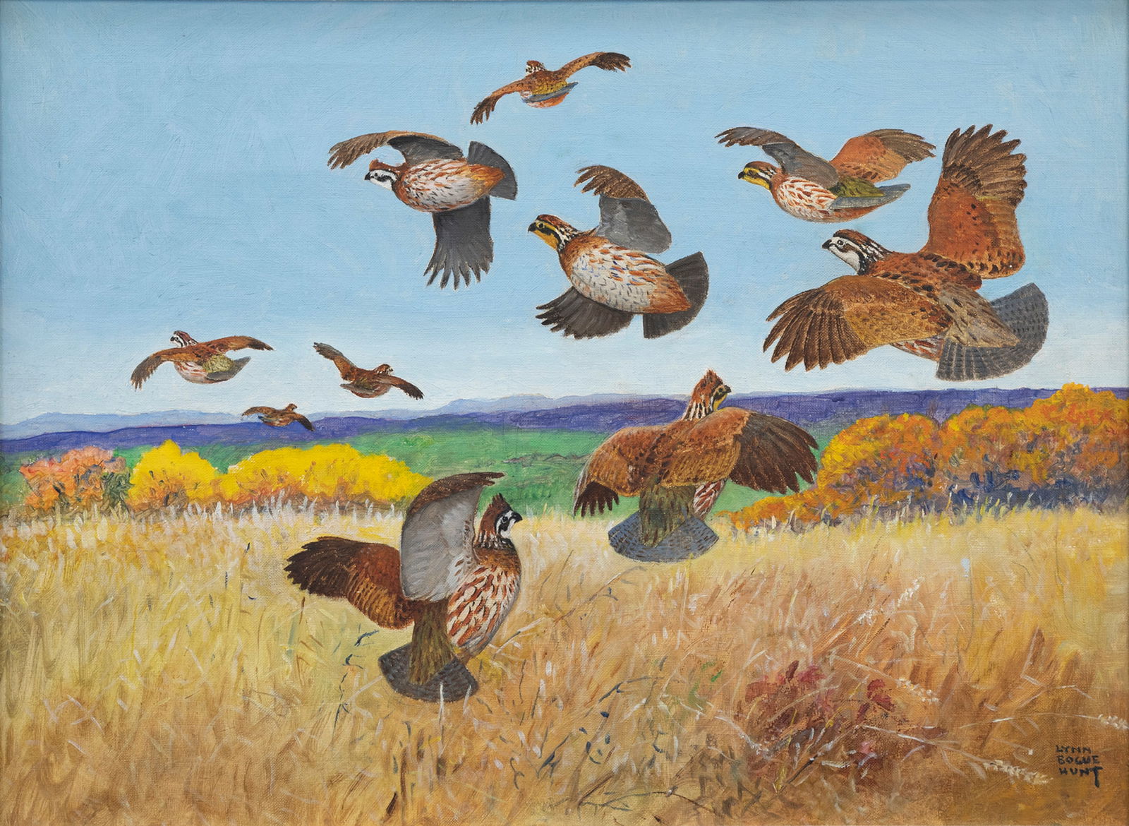 Lynn Bogue Hunt (1878-1960), Bobwhite Covey: Lynn Bogue Hunt (1878-1960) Bobwhite Covey signed "Lynn Bogue Hunt" lower right oil on canvas, 18 by 24 in. A covey of bobwhite quail erupts from the field, flying in a vortex and headed for cover. 