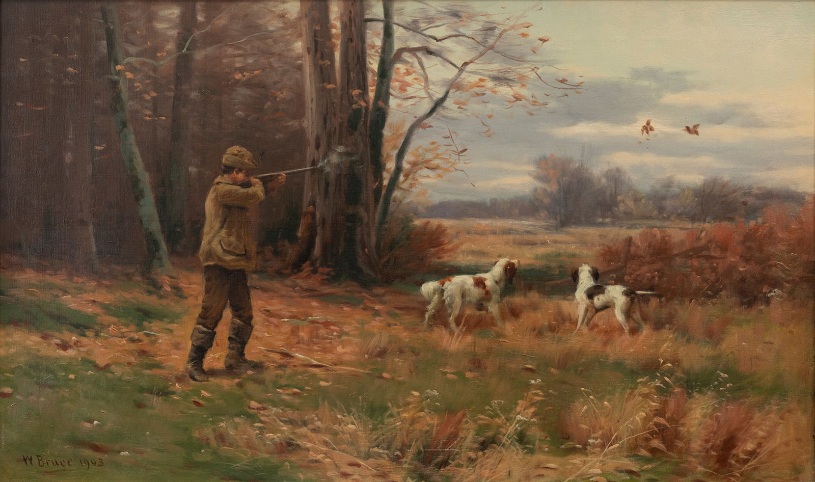 William Bruce (1861-1911), Taking Aim: William Bruce (1861-1911) Taking Aim, 1903 signed and dated "W. Bruce 1903" lower left oil on canvas, 18 by 30 in. This painting depicts two dogs on point as a pair of woodcock flush, giving the
