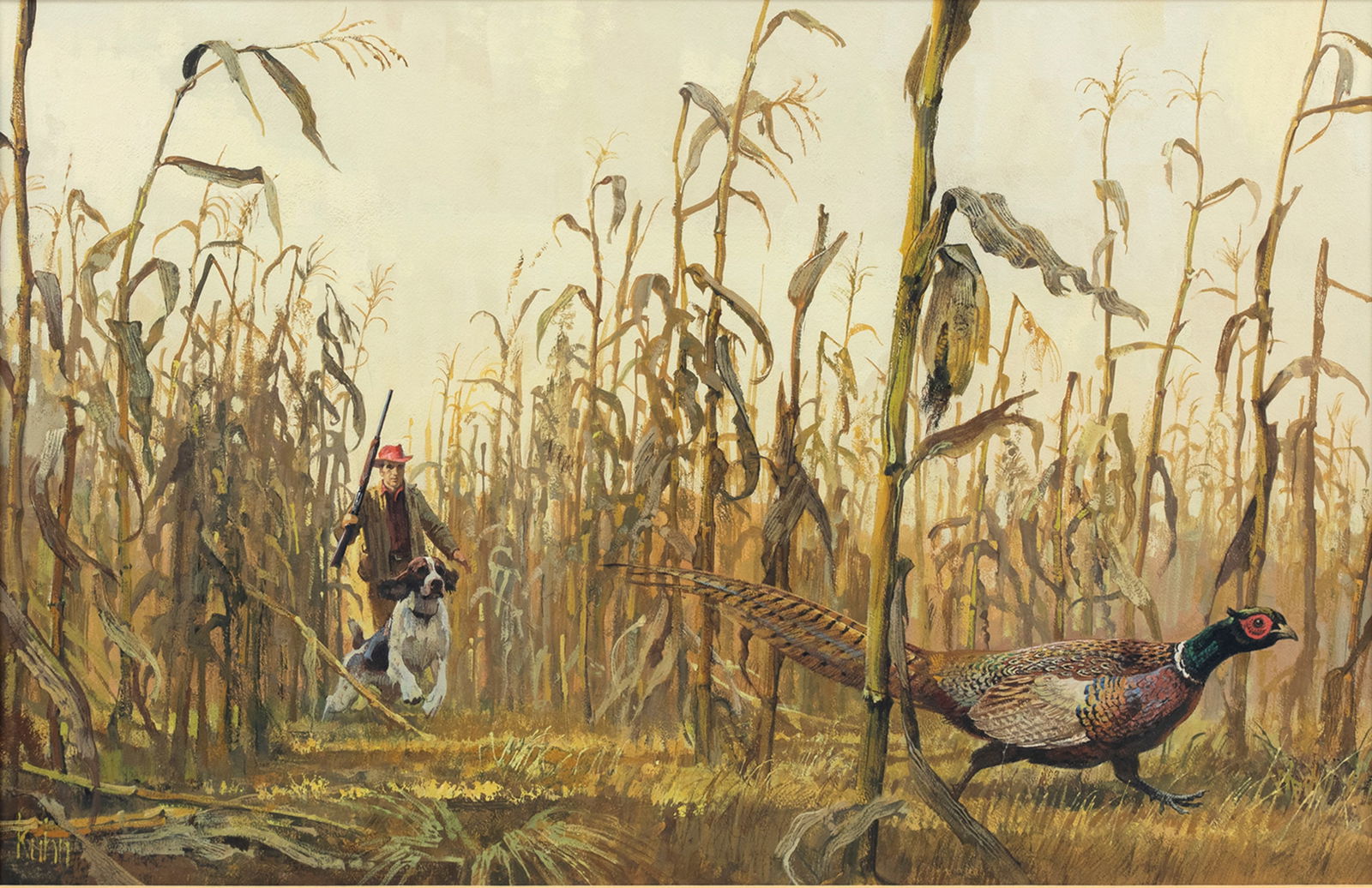 Bob Kuhn (1920-2007), Pheasant in Nebraska: Bob Kuhn (1920-2007) Pheasant in Nebraska, c. 1970 signed "Kuhn" lower left watercolor, 16 by 24 1/2 in. In this work, Kuhn masterfully brings the viewer down to the pheasant's eye level and, in